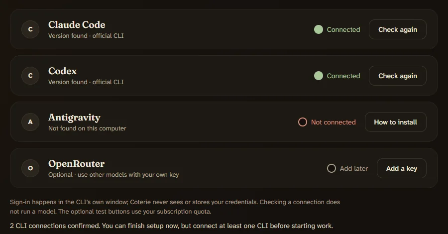 Setup: Claude Code and Codex connected, Antigravity not found